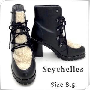Seychelles Theater Sherpa Fur Leather Lace up Chunky Heel Hiker Boot BK Sz 8.5